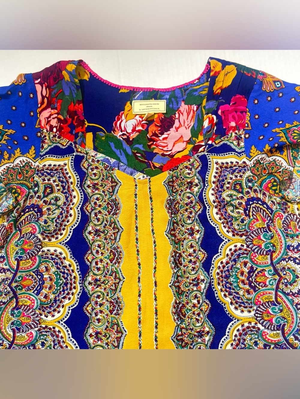 Anthropologie Paisley V-Neck Top in Yellow, Blue, and Purple - Picture 4 of 8